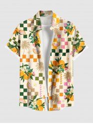 Plus Size Flower Leaf Lemon Colorblock Plaid Print Hawaii Button Pocket Shirt For Men -  
