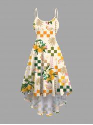 Robe Rétro Asymétrique à Bretelle à Carreaux Fleur et Feuille Imprimées en Blocs de Couleurs de Grande Taille - Deep Yellow 2X