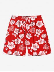 Plus Size Floral Tropical Leaf Print Hawaii Drawstring Beach Shorts For Men -  