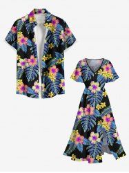 Costume de Plage Grande Taille Imprimé à Fleurs et Feuilles Tropicales - Noir 