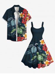 Tropical Flowers Turtle Print Plus Size Matching Hawaii Beach Outfit For Couples -  