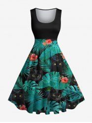 Plus Size Tropical Leaf Hibiscus Flower Cats Print Hawaii 1950s Vintage Dress -  