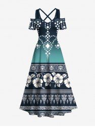 Plus Size Ethnic Graphic Floral Dip Dye Ombre Print Hawaii Cold Shoulder Crisscross A Line Maxi Dress -  