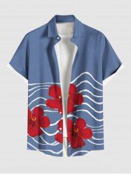 Plus Size Floral Sea Waves Print Hawaii Button Pocket Shirt For Men -  