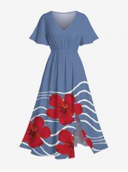 Plus Size Floral Sea Waves Print Hawaii Split Pocket A Line Midi Dress -  