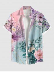 Plus Size Floral Leaf Branch Contrast Two Tone Print Hawaii Button Pocket Shirt For Men -  