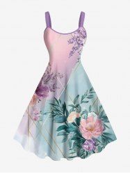 Plus Size Floral Leaf Branch Contrast Two Tone Print Hawaii A Line Tank Dress -  