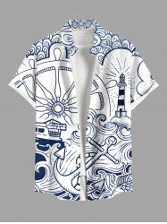 Plus Size Anchor Lighthouse Steering Wheel Sea Waves Print Hawaii Cruise Shirts For Men -  