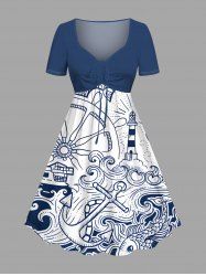 Plus Size Anchor Lighthouse Steering Wheel Sea Waves Fish Print Hawaii Cruise Cinched A Line Dress -  