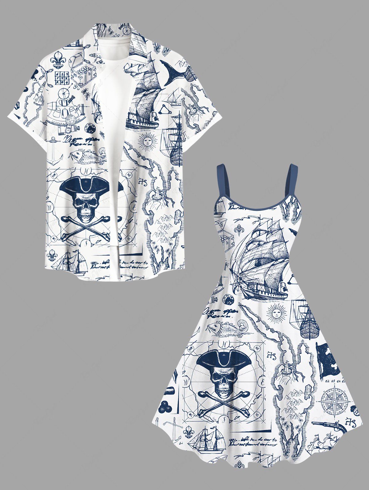 Best Pirate Map Sailboat Compass Cruise Print Plus Size Matching Beach Dress Shirt Outfit For Couples  