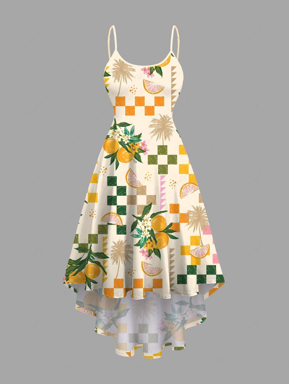 Outfit Plus Size Flower Leaf Lemon Colorblock Plaid Print Hawaii High Low Asymmetric Cami Dress  