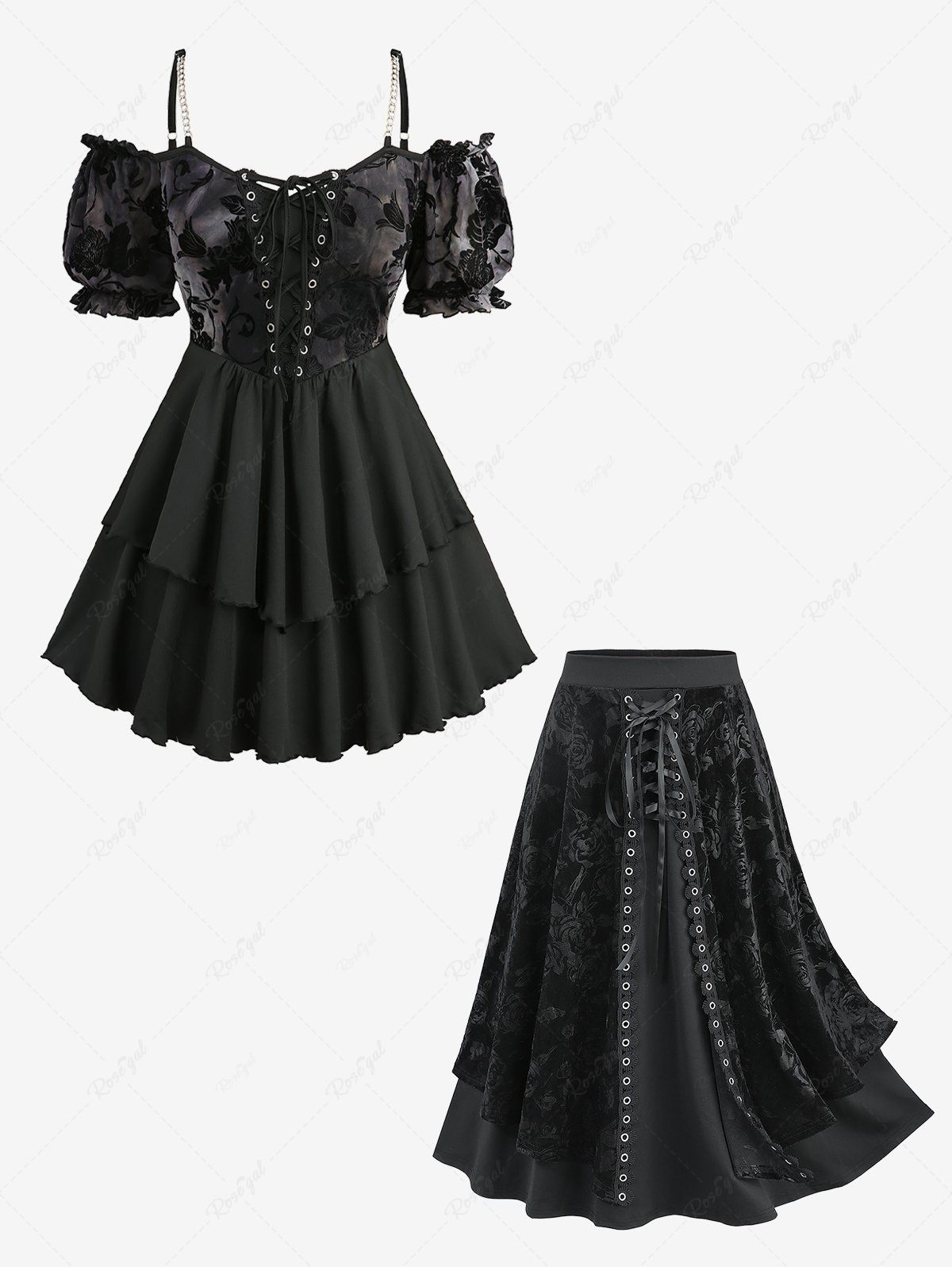 Affordable Flower Mesh Flocking Tie Dye Lace Up Ruffles Top and Rose Flower Embossed A Line Skirt Plus Size Outfit  