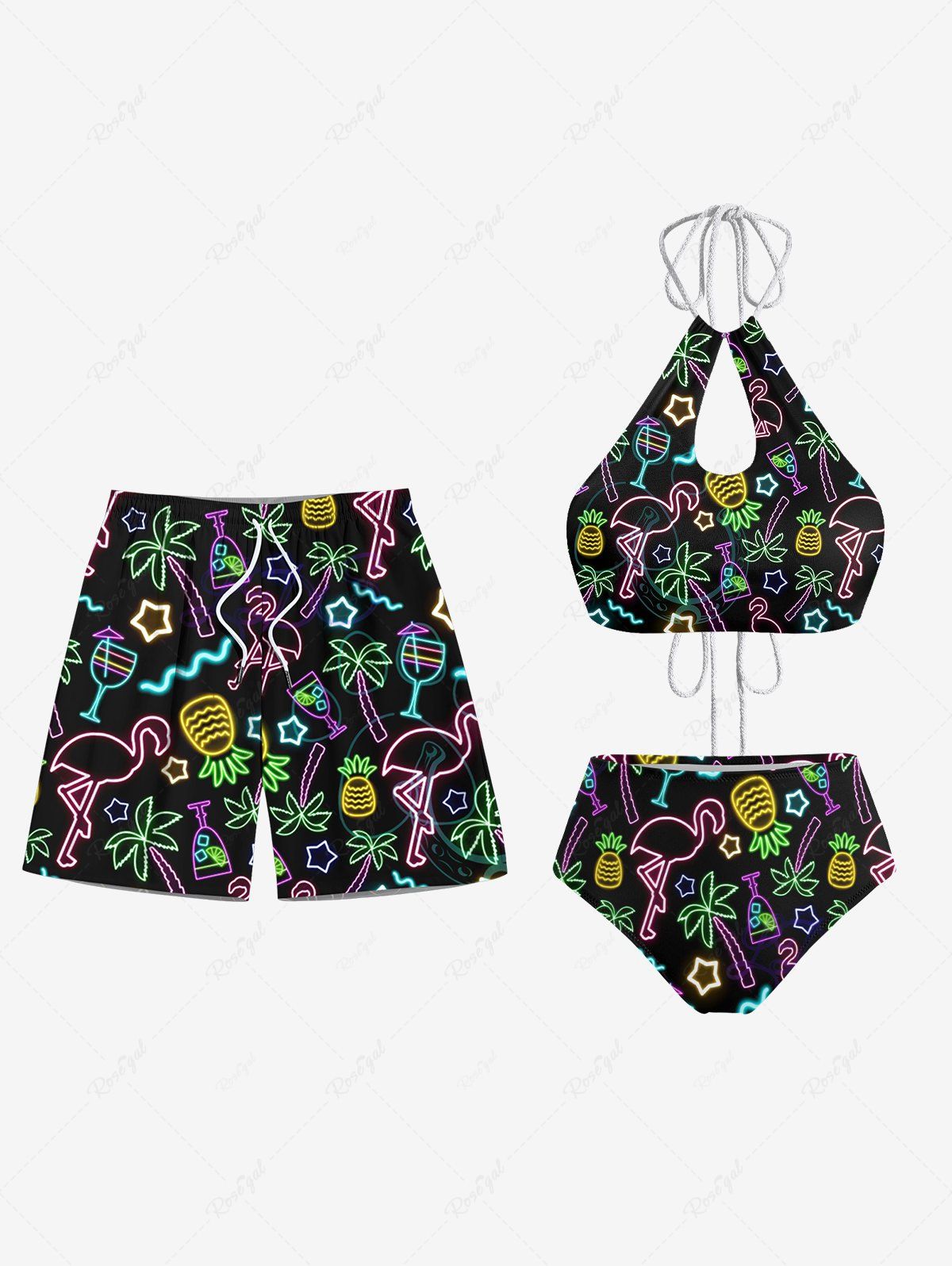 Store Flamingo Coconut Tree Print Women Swimsuit and Men Beach Shorts Matching Hawaii Beach Outfit For Couples  
