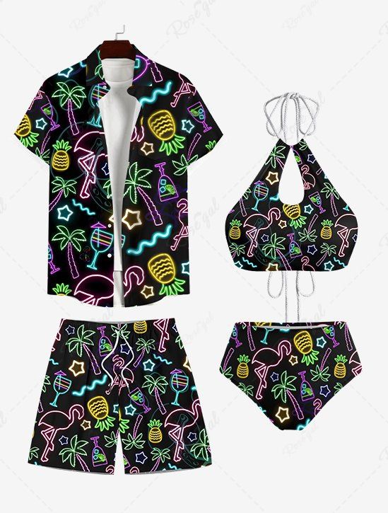 Shop Flamingo Coconut Tree Print Women Swimsuit and Men Beach Shirt Shorts Matching Hawaii Beach Outfit For Couples  