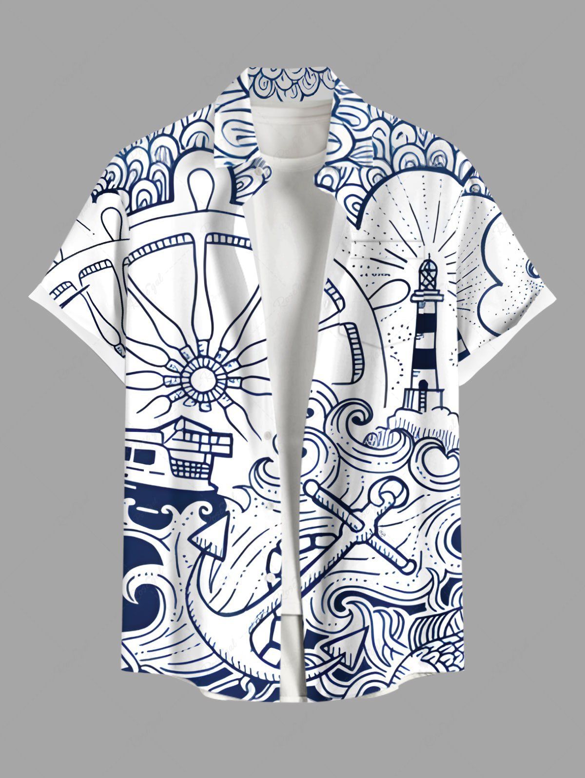 Shop Plus Size Anchor Lighthouse Steering Wheel Sea Waves Print Hawaii Cruise Shirts For Men  