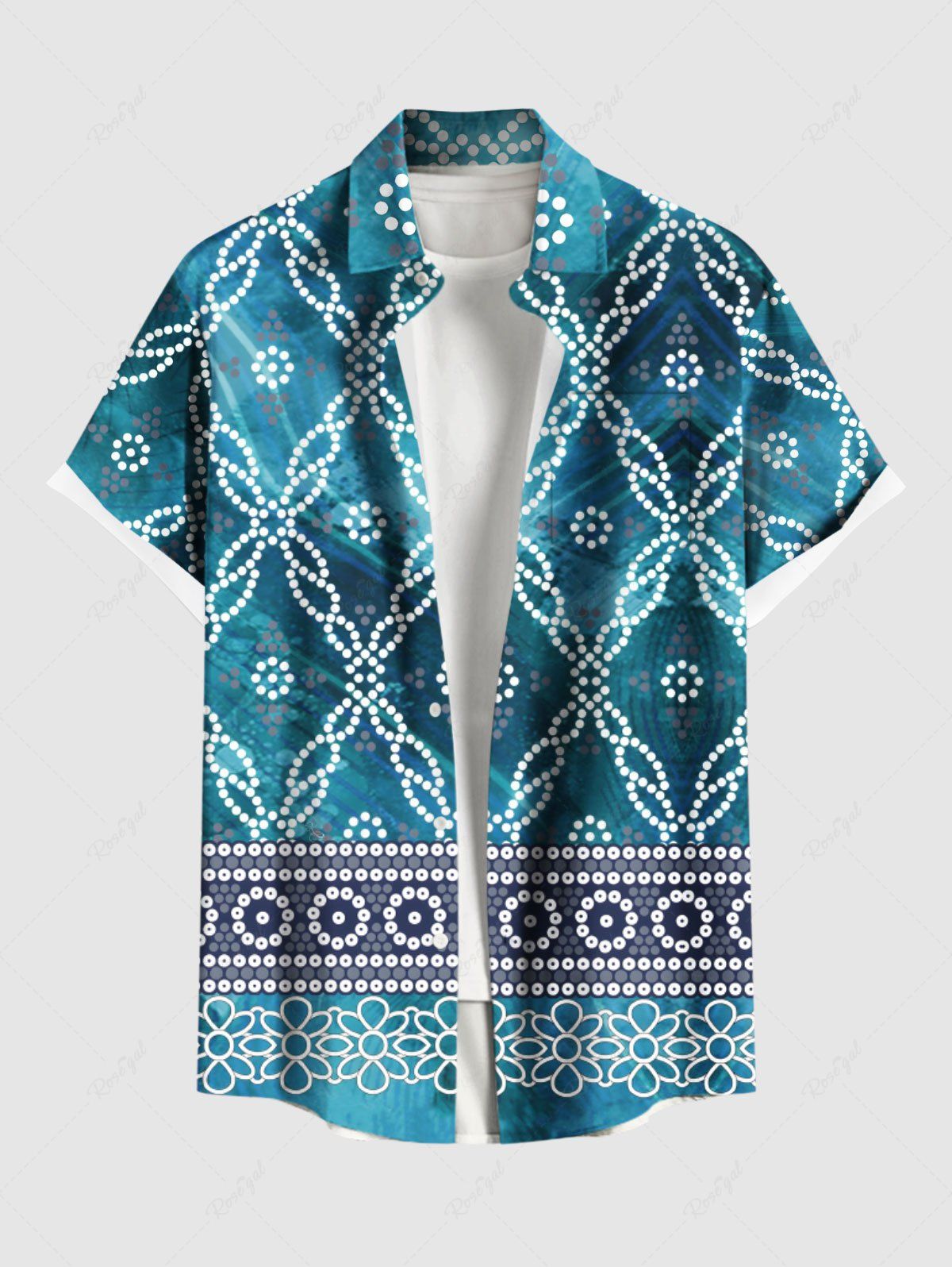 Trendy Plus Size Ethnic Graphic Floral Print Hawaii Ombre Button Pocket Shirt For Men  