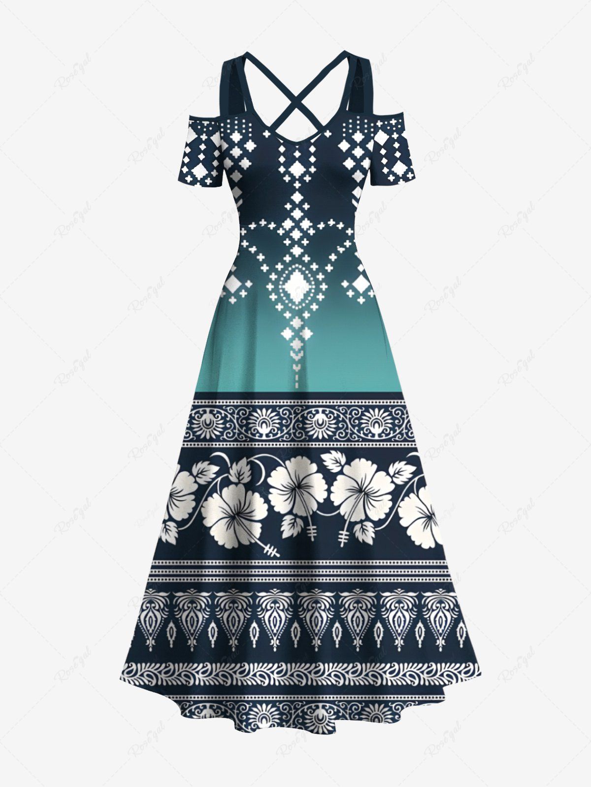 Outfit Plus Size Ethnic Graphic Floral Dip Dye Ombre Print Hawaii Cold Shoulder Crisscross A Line Maxi Dress  