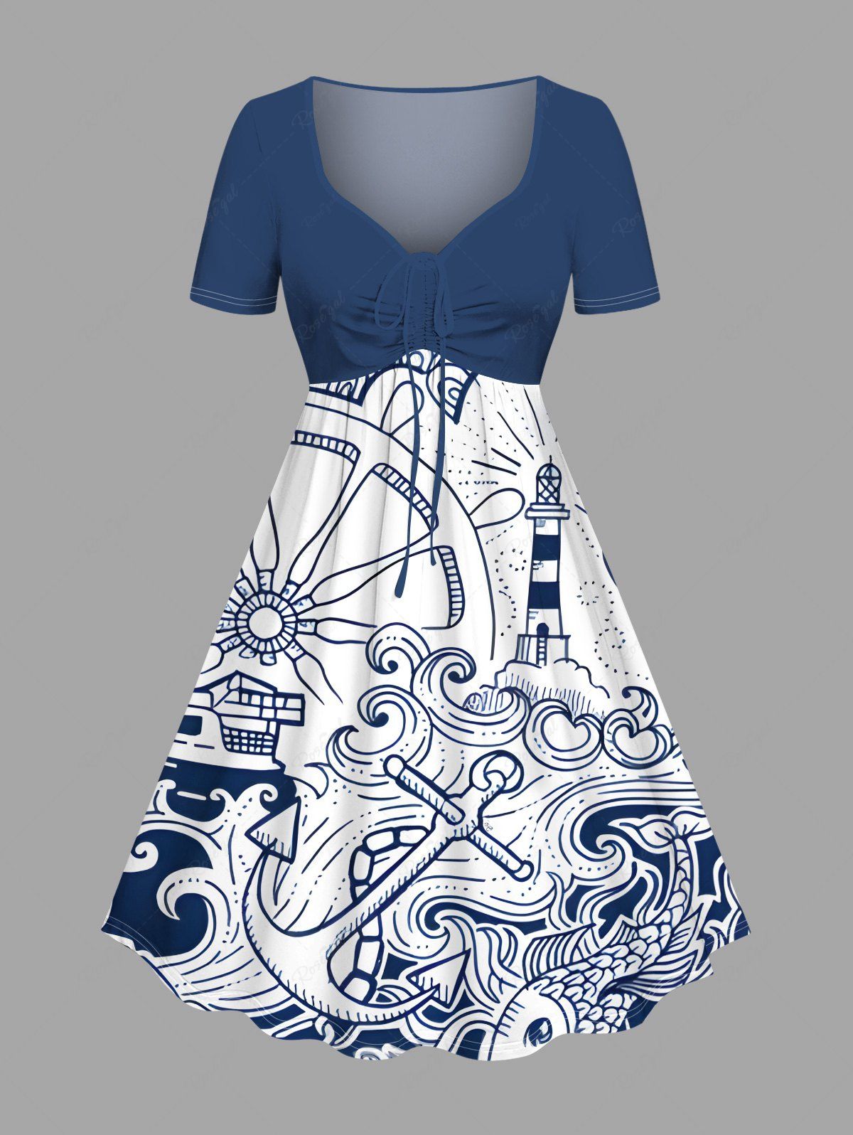Store Plus Size Anchor Lighthouse Steering Wheel Sea Waves Fish Print Hawaii Cruise Cinched A Line Dress  
