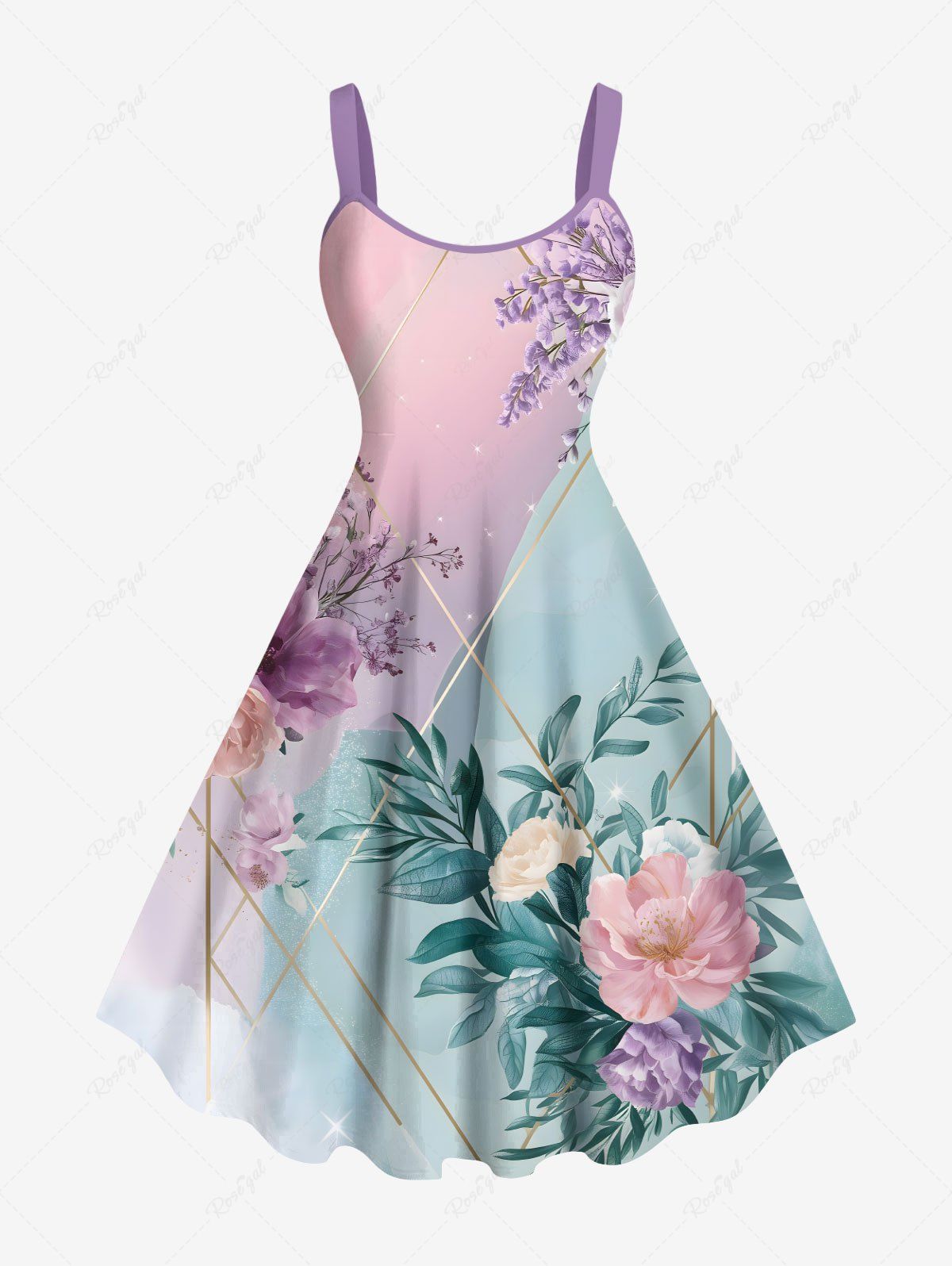 Hot Plus Size Floral Leaf Branch Contrast Two Tone Print Hawaii A Line Tank Dress  