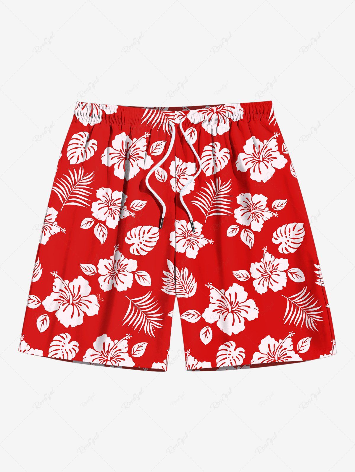 Fashion Plus Size Floral Tropical Leaf Print Hawaii Drawstring Beach Shorts For Men  