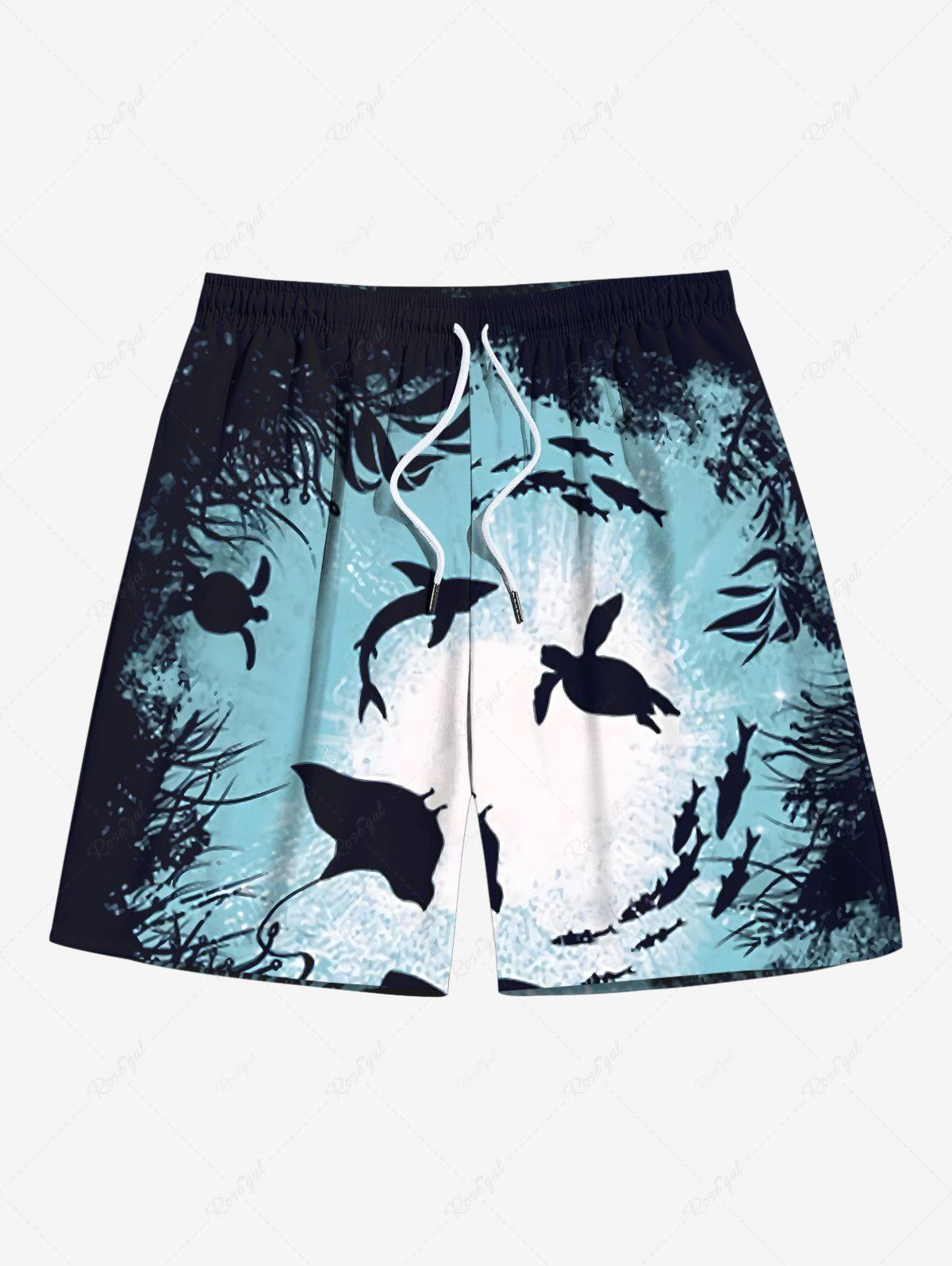 Latest Plus Size Turtle Shark Seabed Print Hawaii Sea Creatures Drawstring Beach Shorts For Men  
