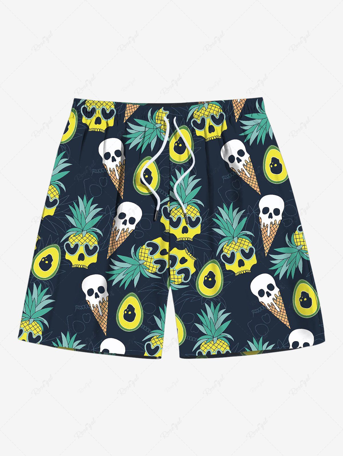 Store Plus Size Skull Pineapple Avocado Ice Cream Print Hawaii Drawstring Beach Shorts For Men  