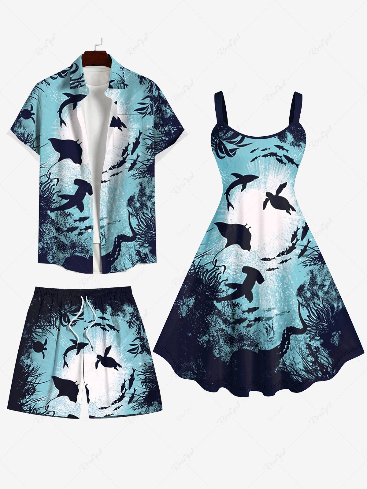 Short de Plage Grande Taille Imprimé Requin et Fond Marin Bleu clair 