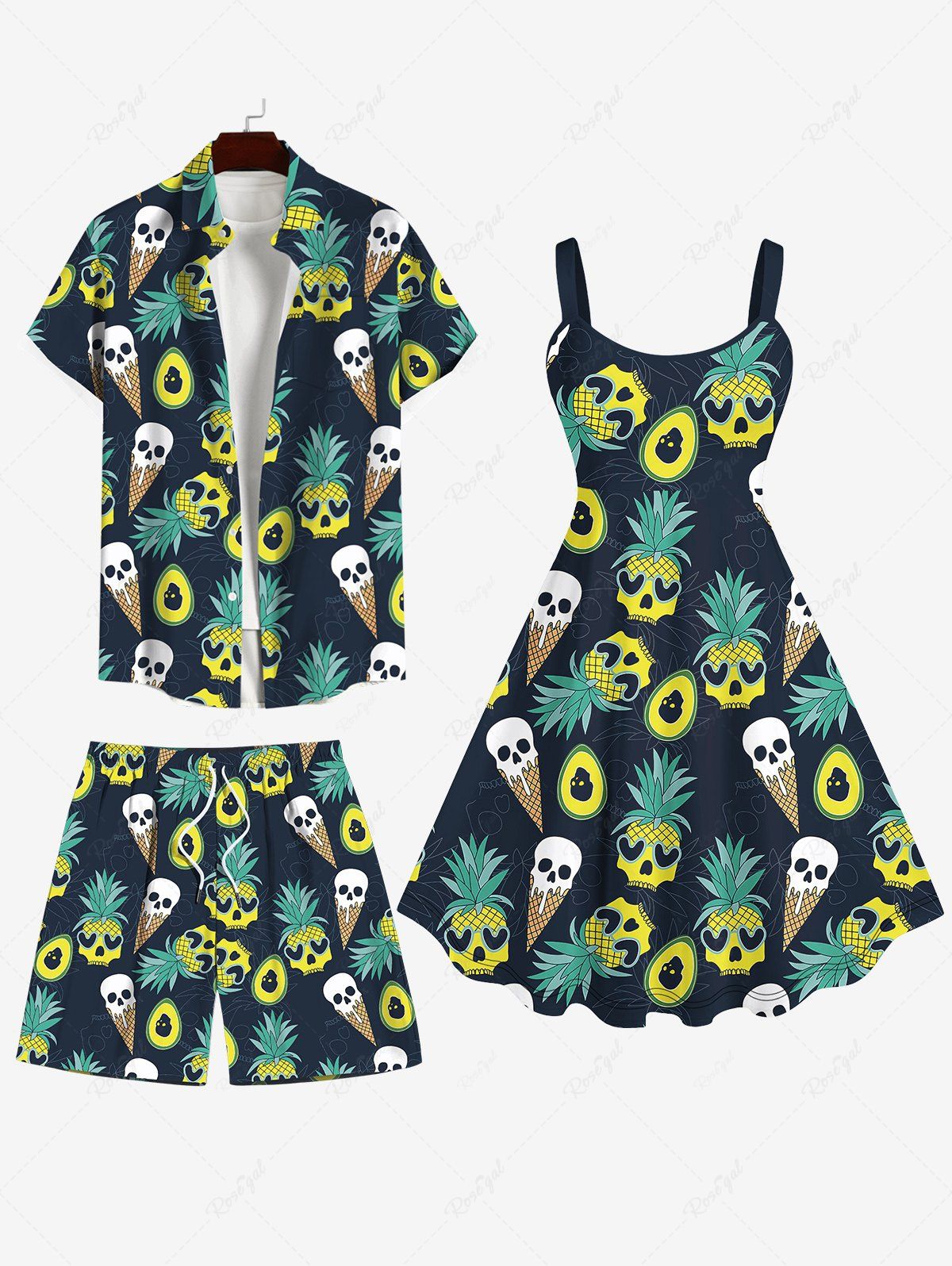 Sale Skull Pineapple Avocado Ice Cream Print Plus Size Matching Hawaii Beach Outfit For Couples  