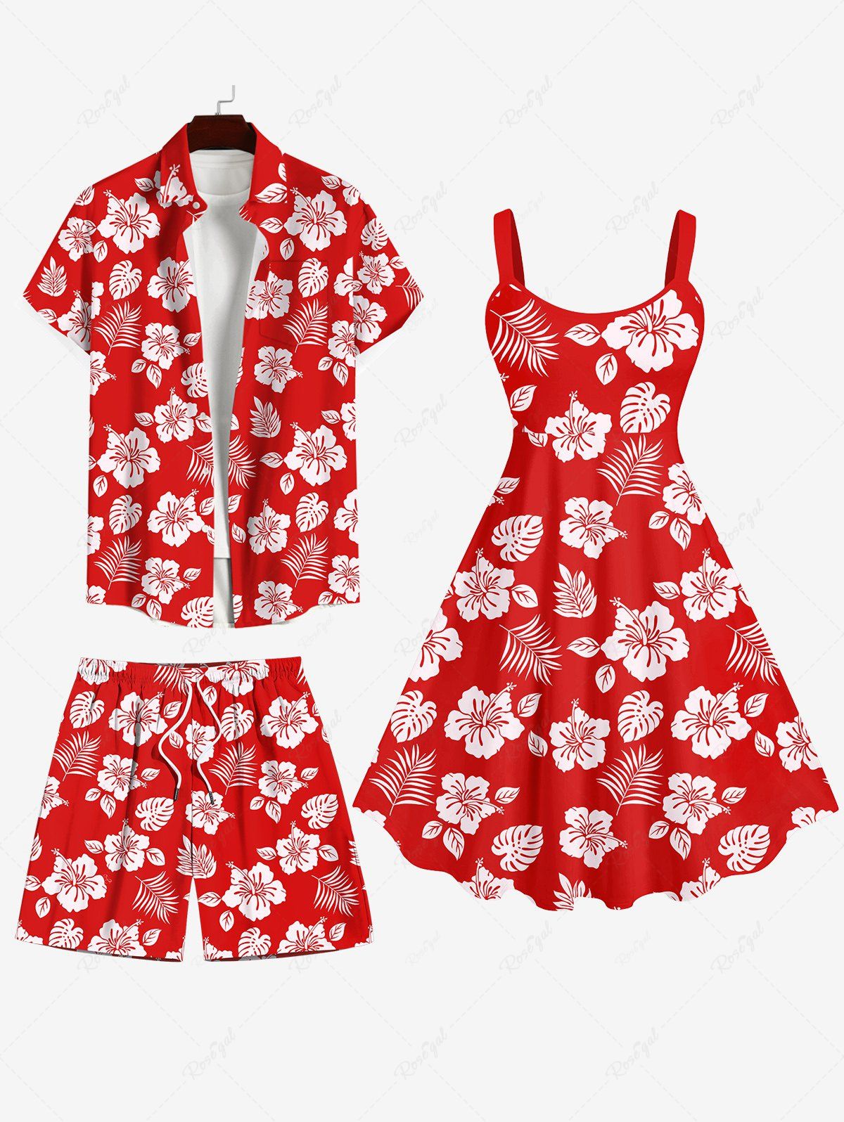 Chic Floral Tropical Leaf Print Plus Size Matching Hawaii Beach Outfit For Couples  