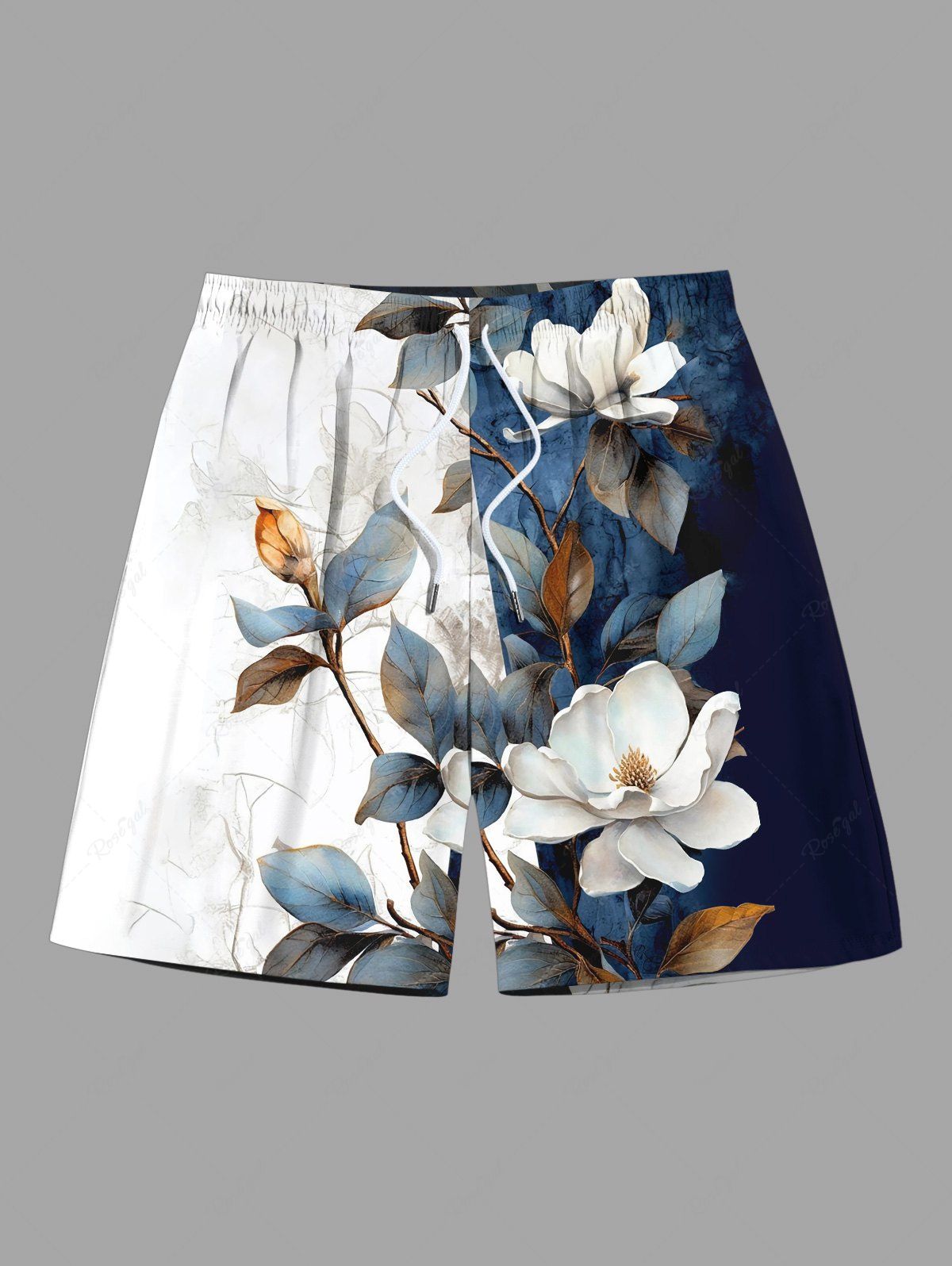Sale Plus Size Colorblock Flowers Leaf Print Hawaii Beach Shorts For Men  