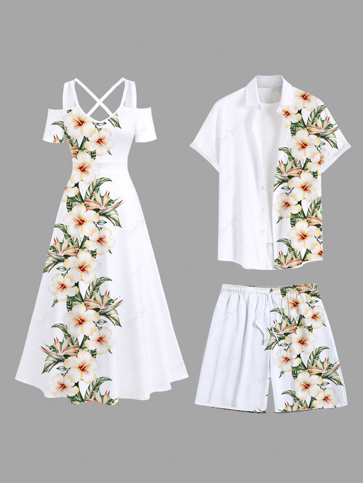 Tenue de Plage à Imprimé Fleurs et Feuilles Tropicales Grande-Taille pour Couples NOIR 