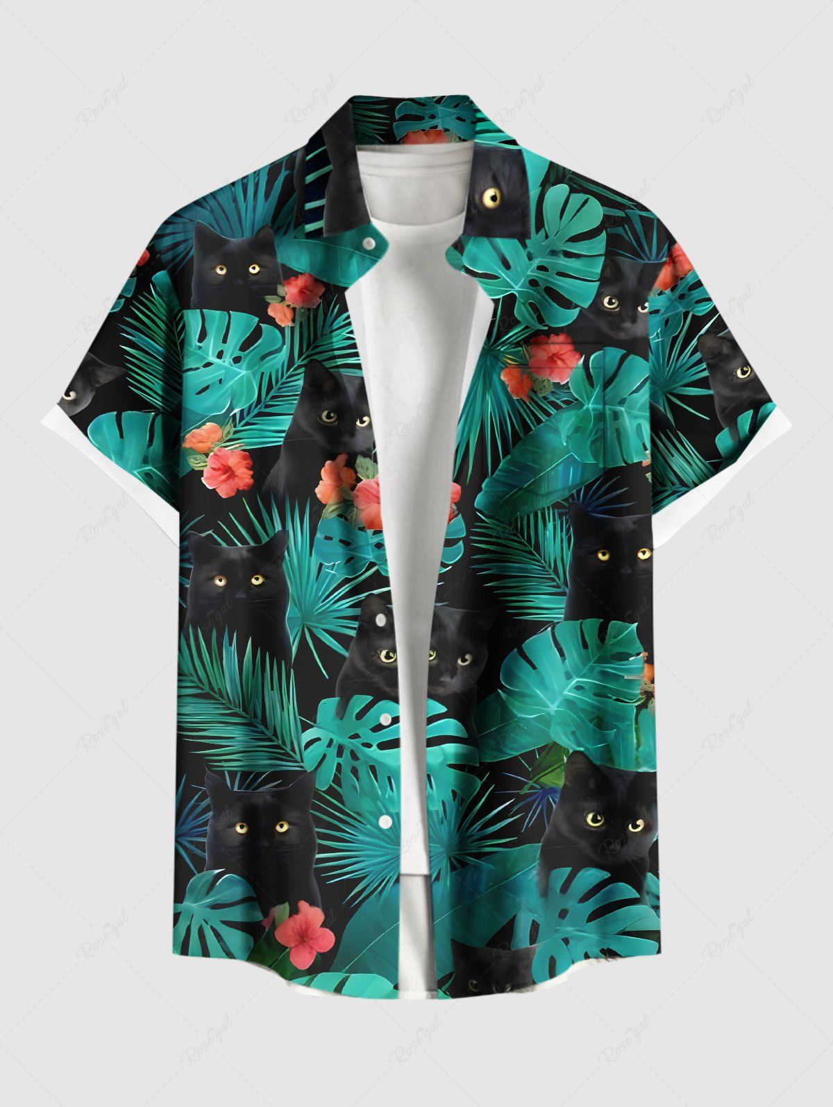 Discount Plus Size Tropical Leaf Hibiscus Flower Cats Print Buttons Pocket Hawaii Shirt For Men  