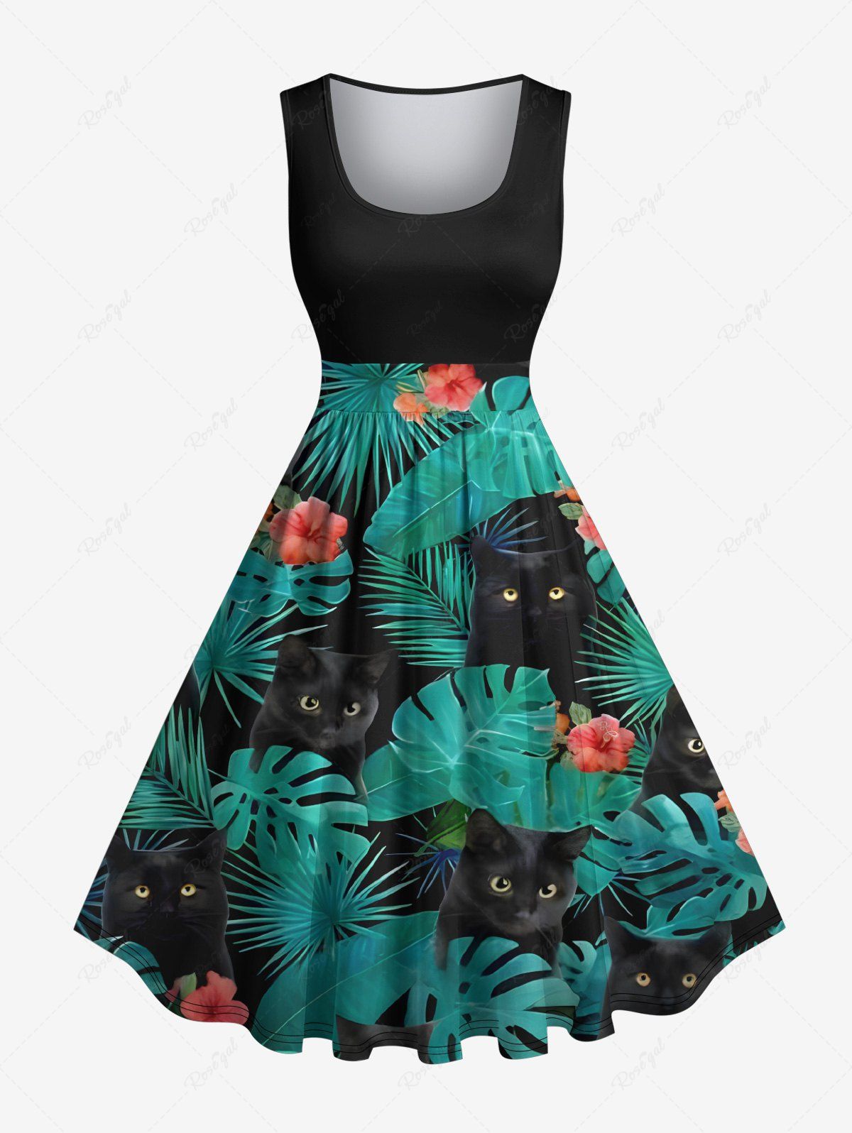 Outfit Plus Size Tropical Leaf Hibiscus Flower Cats Print Hawaii 1950s Vintage Dress  