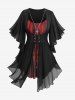 Lace Up Ruffles Butterfly Sleeve T-shirt and Flocking Mesh Leggings Plus Size Outfit -  