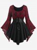 Haut Rose Imprimée Jointif à Manches Evasées de Grande Taille à Lacets - Rouge 
