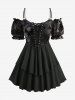 Flower Mesh Flocking Tie Dye Lace Up Ruffles Top and Rose Flower Embossed A Line Skirt Plus Size Outfit -  
