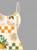 Robe Rétro Asymétrique à Bretelle à Carreaux Fleur et Feuille Imprimées en Blocs de Couleurs de Grande Taille - Deep Yellow 2X