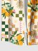 Plus Size Flower Leaf Lemon Colorblock Plaid Print Hawaii Button Pocket Shirt For Men -  