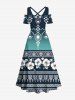 Plus Size Ethnic Graphic Floral Dip Dye Ombre Print Hawaii Cold Shoulder Crisscross A Line Maxi Dress -  