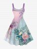 Plus Size Floral Leaf Branch Contrast Two Tone Print Hawaii A Line Tank Dress -  