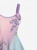 Plus Size Floral Leaf Branch Contrast Two Tone Print Hawaii A Line Tank Dress -  