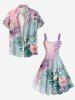 Plus Size Floral Leaf Branch Contrast Two Tone Print Hawaii A Line Tank Dress -  