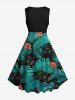 Plus Size Tropical Leaf Hibiscus Flower Cats Print Hawaii 1950s Vintage Dress -  