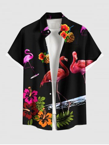 Plus Size Flamingo Pineapple Floral Tropical Leaves Print Hawaii Button Pocket Shirt For Men - BLACK - XL
