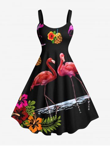 Plus Size Flamingo Pineapple Floral Tropical Leaves Print Hawaii A Line Tank Dress - BLACK - L