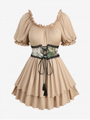 Floral Printed Lace-up Grommets Lace Trim Off The Shoulder Top and Buttons Wide Leg Pants Plus Size Outfit