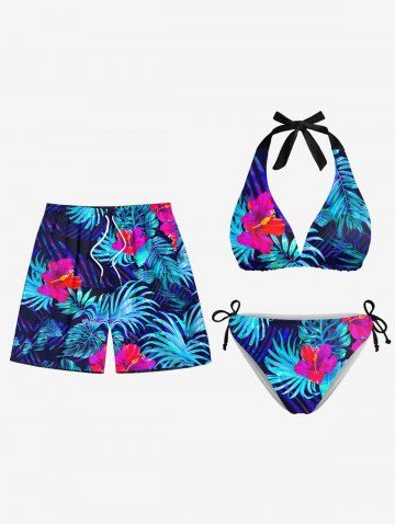 Hibiscus Flower Print Women Swimsuit and Men Beach Shorts Matching Hawaii Beach Outfit For Couples - BLUE