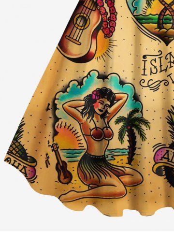 Guitar Coconut Tree Pineapple Seascape Beauty Print Plus Size Matching Hawaii Beach Outfit For Couples