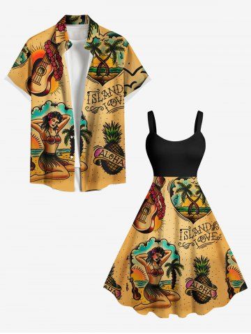 Guitar Coconut Tree Pineapple Seascape Beauty Print Plus Size Matching Hawaii Beach Outfit For Couples