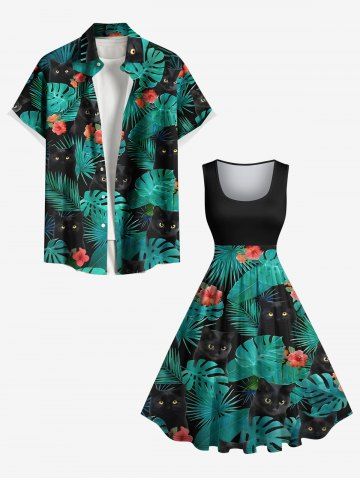 Tropical Leaf Hibiscus Flower Cats Print Plus Size Matching Hawaii Beach Outfit For Couples - BLACK